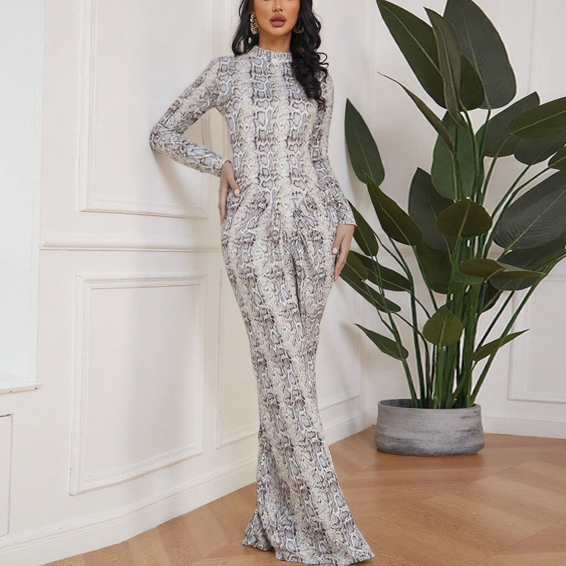 Leopard Print Long Sleeve Bodycon Dress With Round Neck