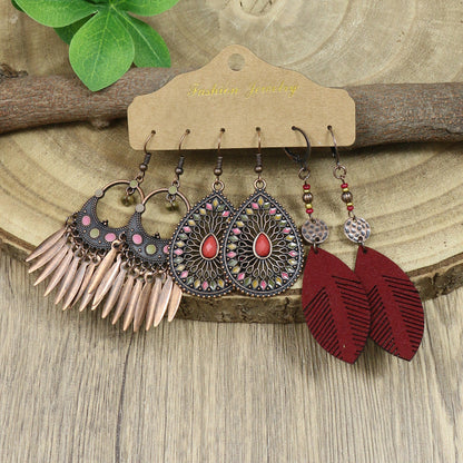 Bohemian Vintage Tassel Earrings Set - 3 Pairs Alloy Leather Dangle