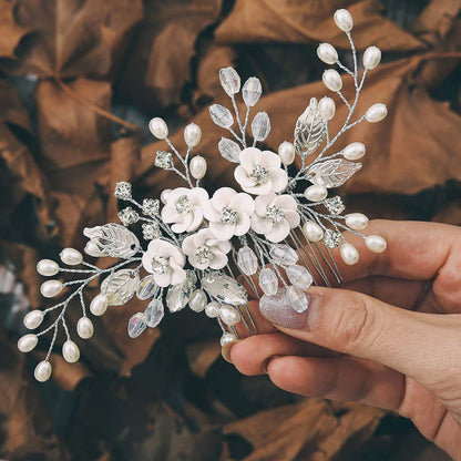 Handmade Pearl Flower Hair Comb with Gems in White