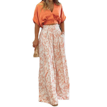 Trendy Floral Printed Two-Piece Set with Loose Wide-Leg Pants