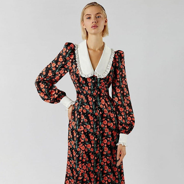 Elegant Floral Long Sleeve Dress with Peter Pan Collar