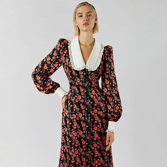 Elegant Floral Long Sleeve Dress with Peter Pan Collar