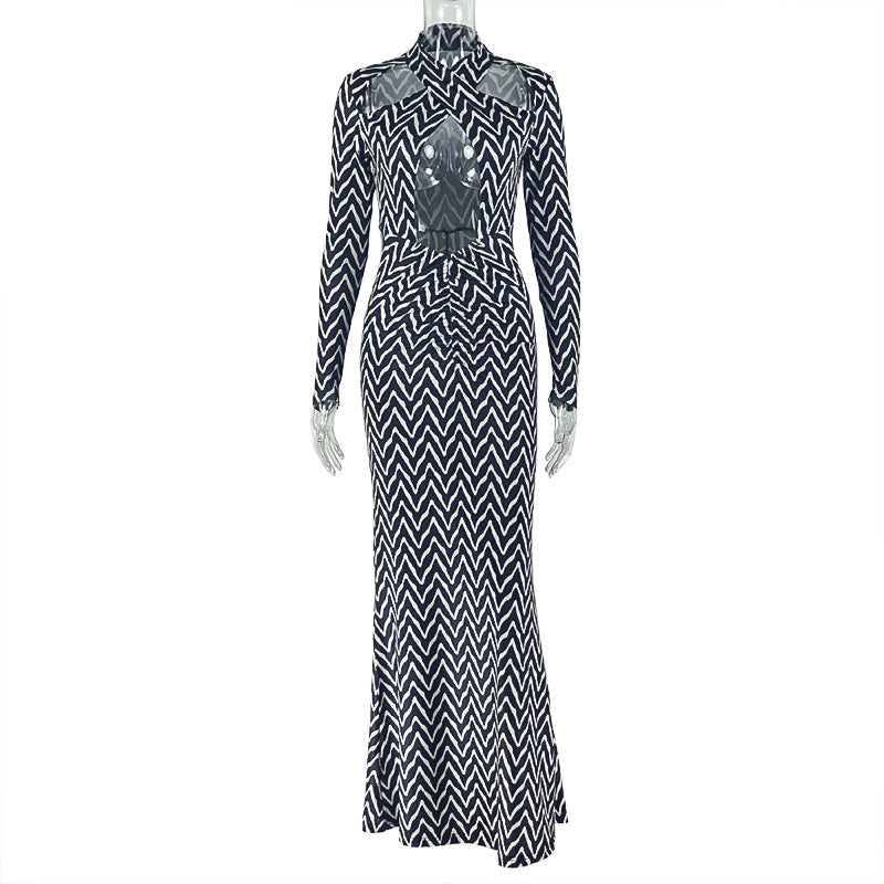 Striped Bodycon Dress With Hollow Design And Long Sleeves