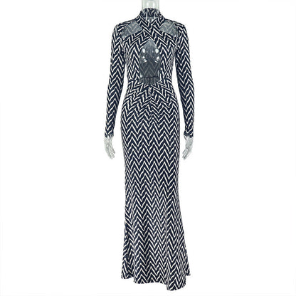 Striped Bodycon Dress With Hollow Design And Long Sleeves