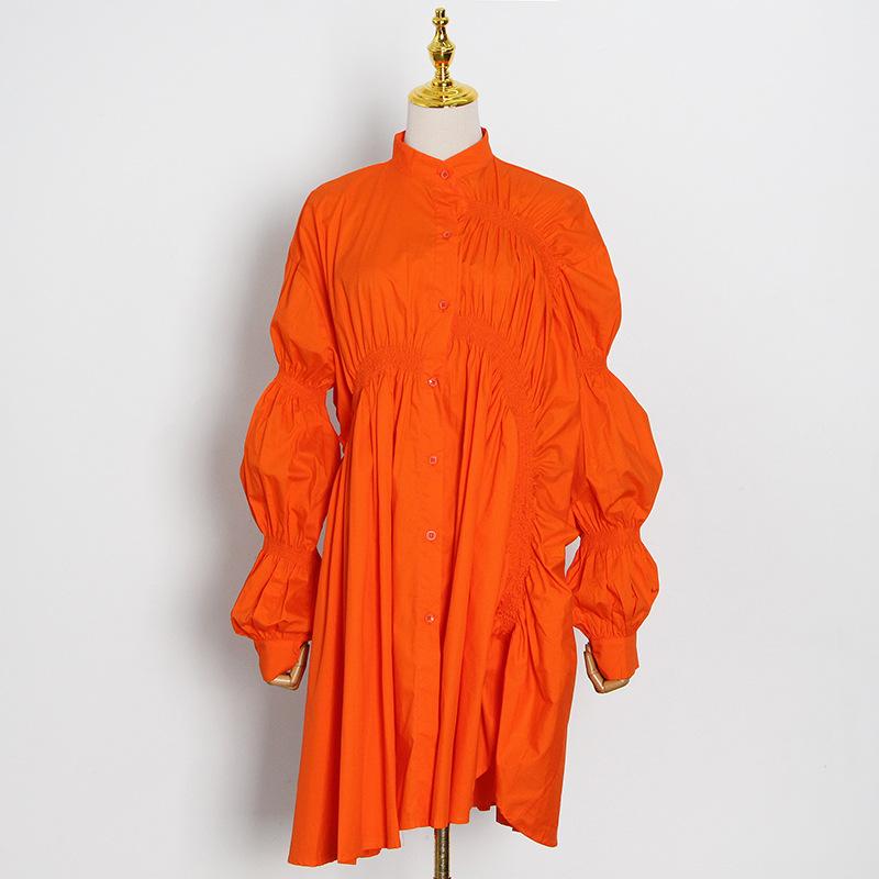 Loose Personality Fashion Pleated Stand Collar Lantern Sleeve Solid Color Irregular Dress