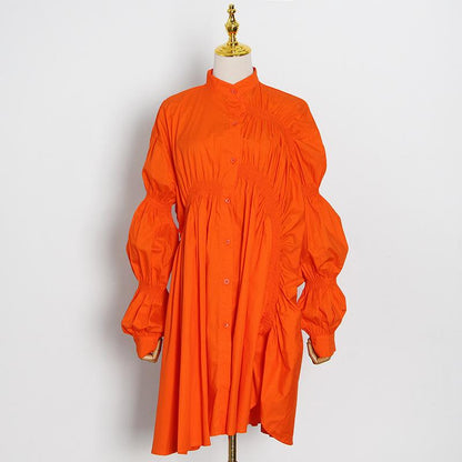 Loose Personality Fashion Pleated Stand Collar Lantern Sleeve Solid Color Irregular Dress
