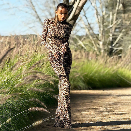 Leopard Print Long Sleeve Bodycon Dress With Round Neck