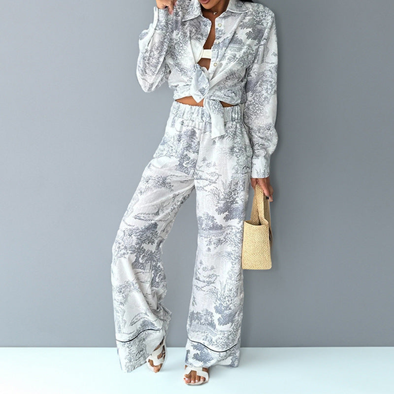Elegant Batwing Sleeve Printed Two-Piece Set