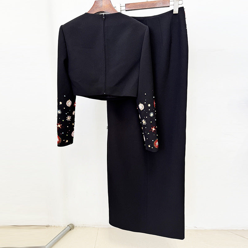 Short Top And Long Skirt Set With Beads And Rhinestones
