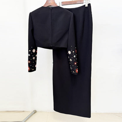 Short Top And Long Skirt Set With Beads And Rhinestones