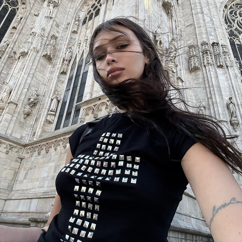 Cross Pendant Rhinestone Tank Top Comfortable Dark Aesthetic
