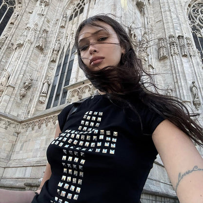 Cross Pendant Rhinestone Tank Top Comfortable Dark Aesthetic