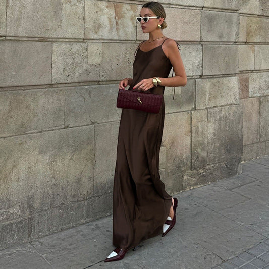 Sleek Brown Long Slip Dress with Adjustable Straps