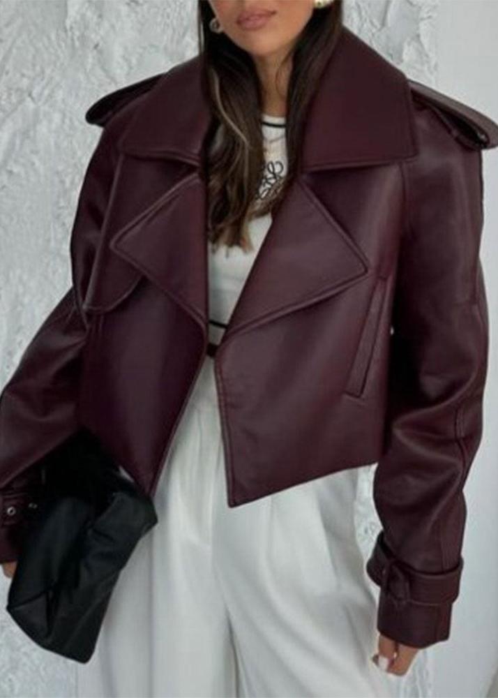 Cropped Leather Jacket With Oversized Lapel