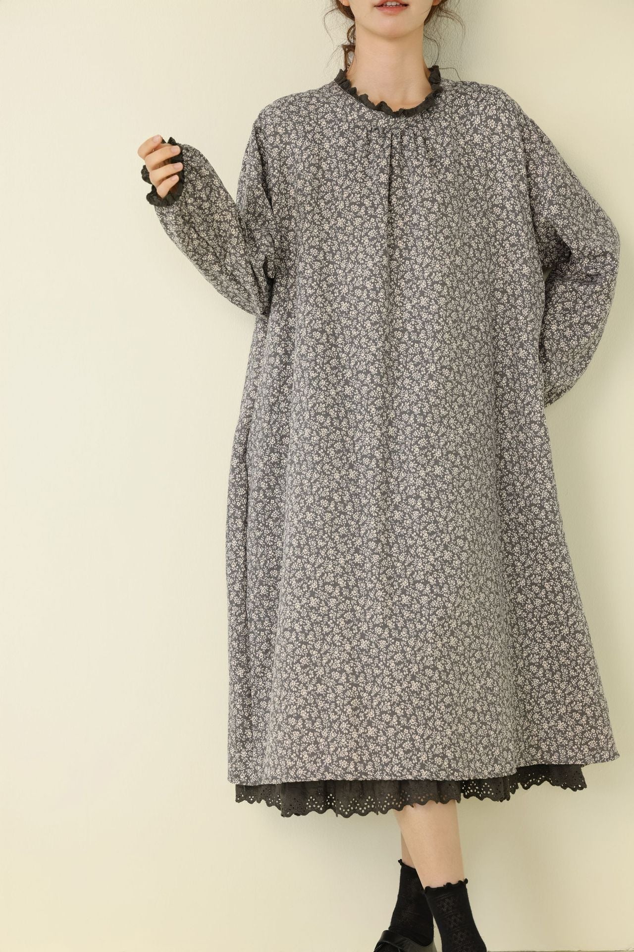 Floral Print Long Sleeve Dress Casual A-Line Dress with Ruffled Neckline