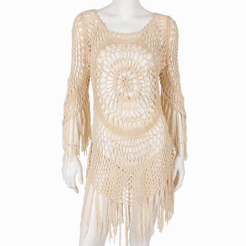 Handmade Crochet Off-The-Shoulder Long-Sleeved Beach Smock Cut-Out Bikini Smock Cover-Up Vacation Beachside