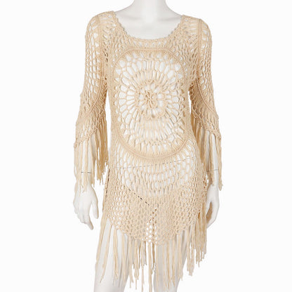 Handmade Crochet Off-The-Shoulder Long-Sleeved Beach Smock Cut-Out Bikini Smock Cover-Up Vacation Beachside