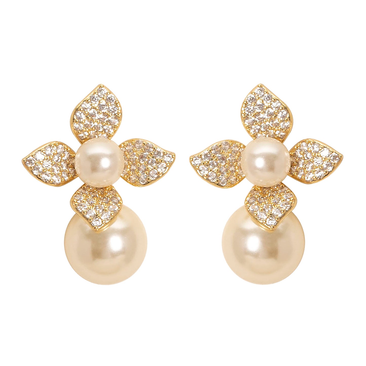 Elegant Pearl Floral Stud Earrings With Crystals