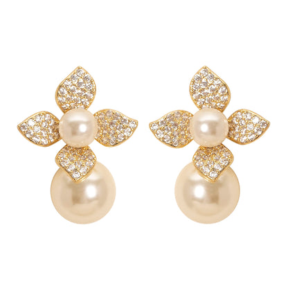 Elegant Pearl Floral Stud Earrings With Crystals