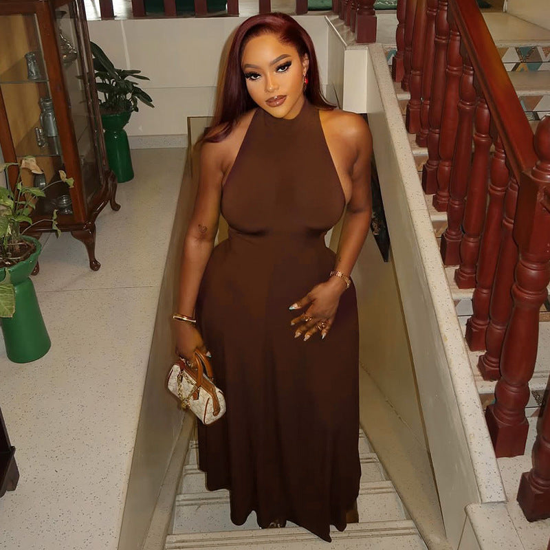 Elegant A-Line Long Dress Sleeveless Round Neck Solid Color