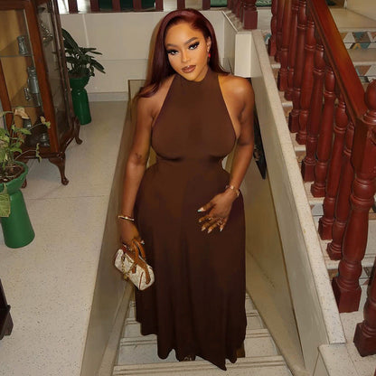 Elegant A-Line Long Dress Sleeveless Round Neck Solid Color