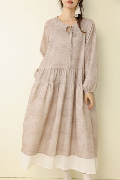 Polka Dot Long Cotton-Linen Dress Casual A-Line Dress