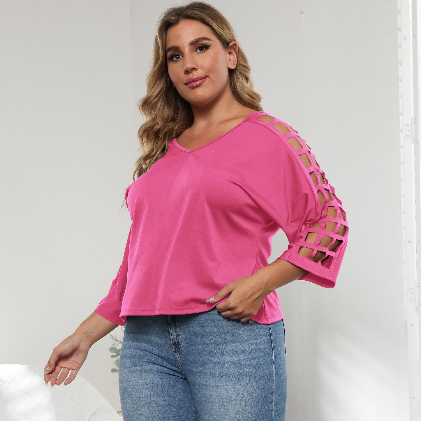 V-Neck Hollow Out Batwing Sleeve Plus Size Top