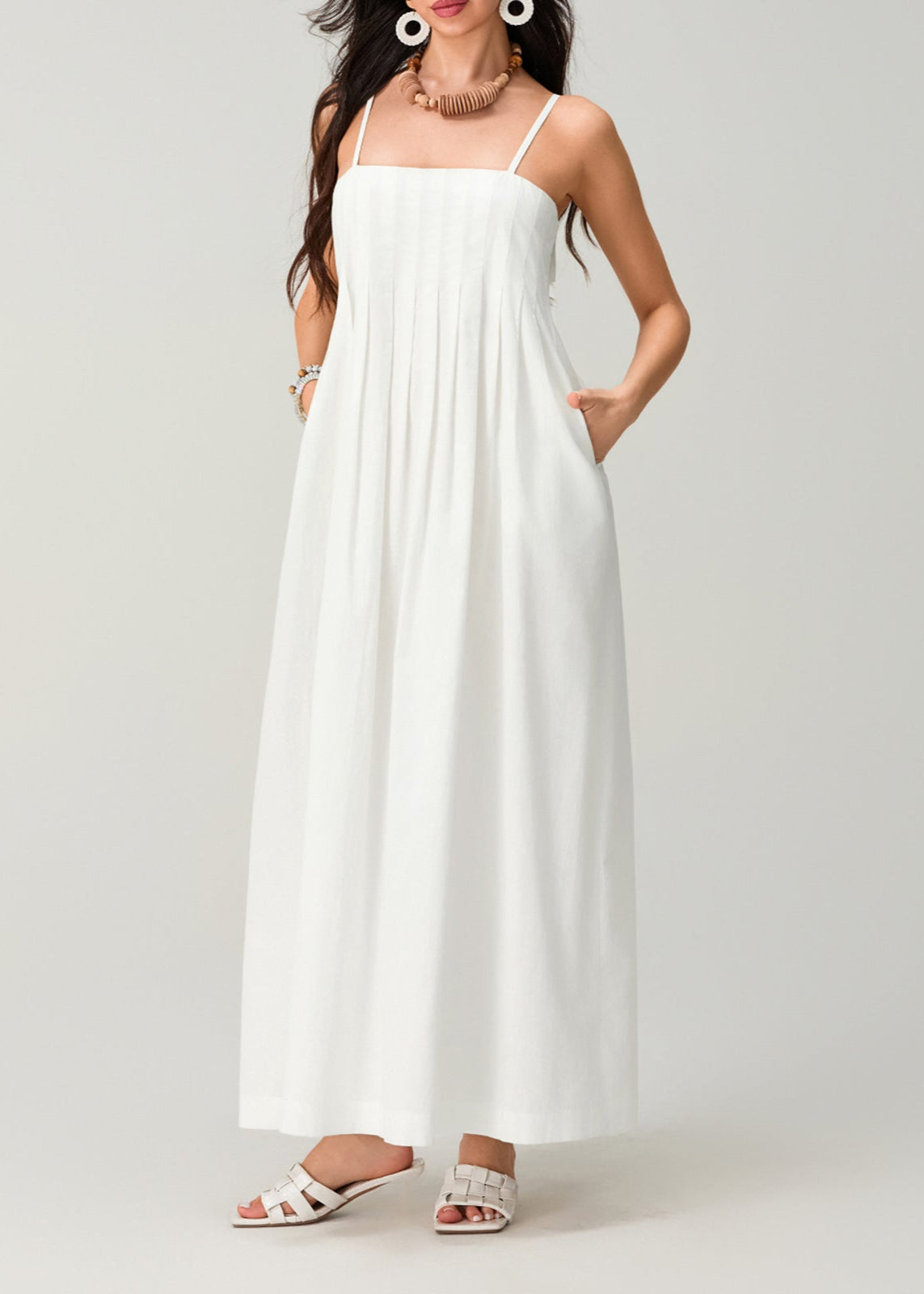 White Linen Cotton Pleated Maxi Sundress
