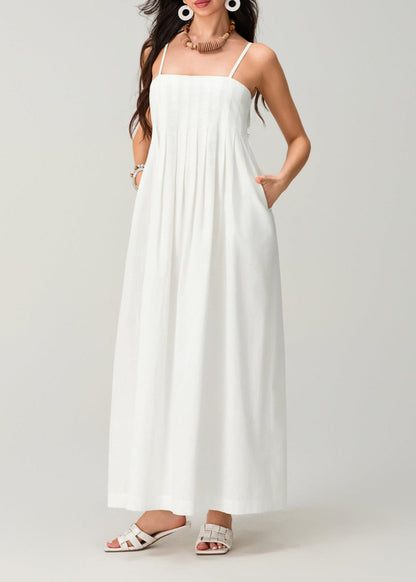 White Linen Cotton Pleated Maxi Sundress