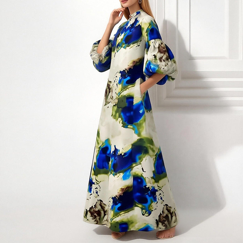 Elegant Floral Print Puff Sleeve Maxi Dress