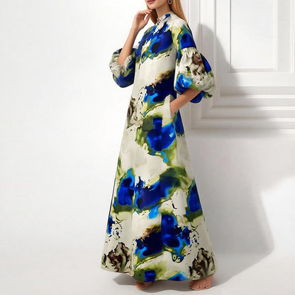 Elegant Floral Print Puff Sleeve Maxi Dress