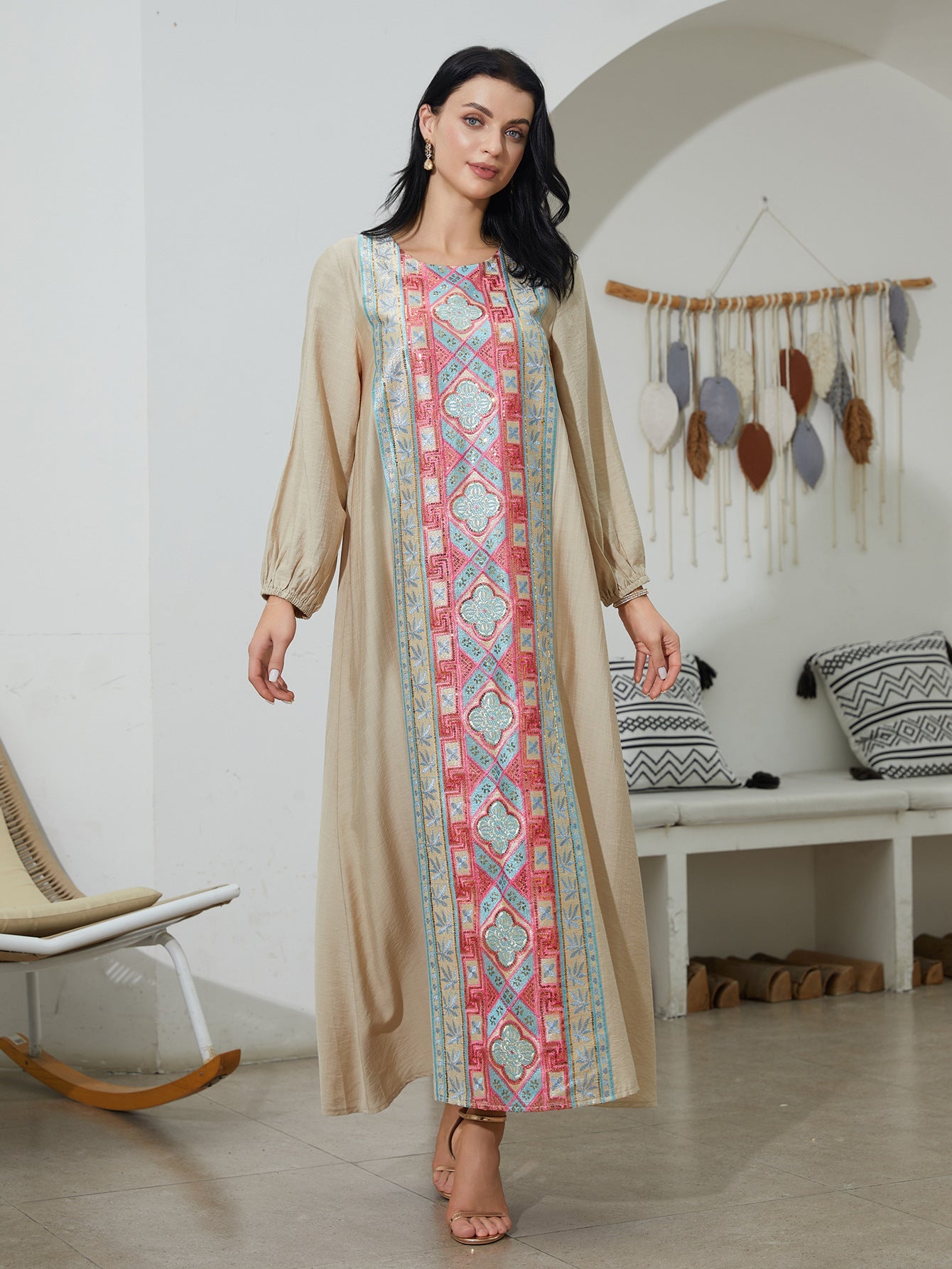 Embroidered Sequin Long Dress Elegant Muslim Gown