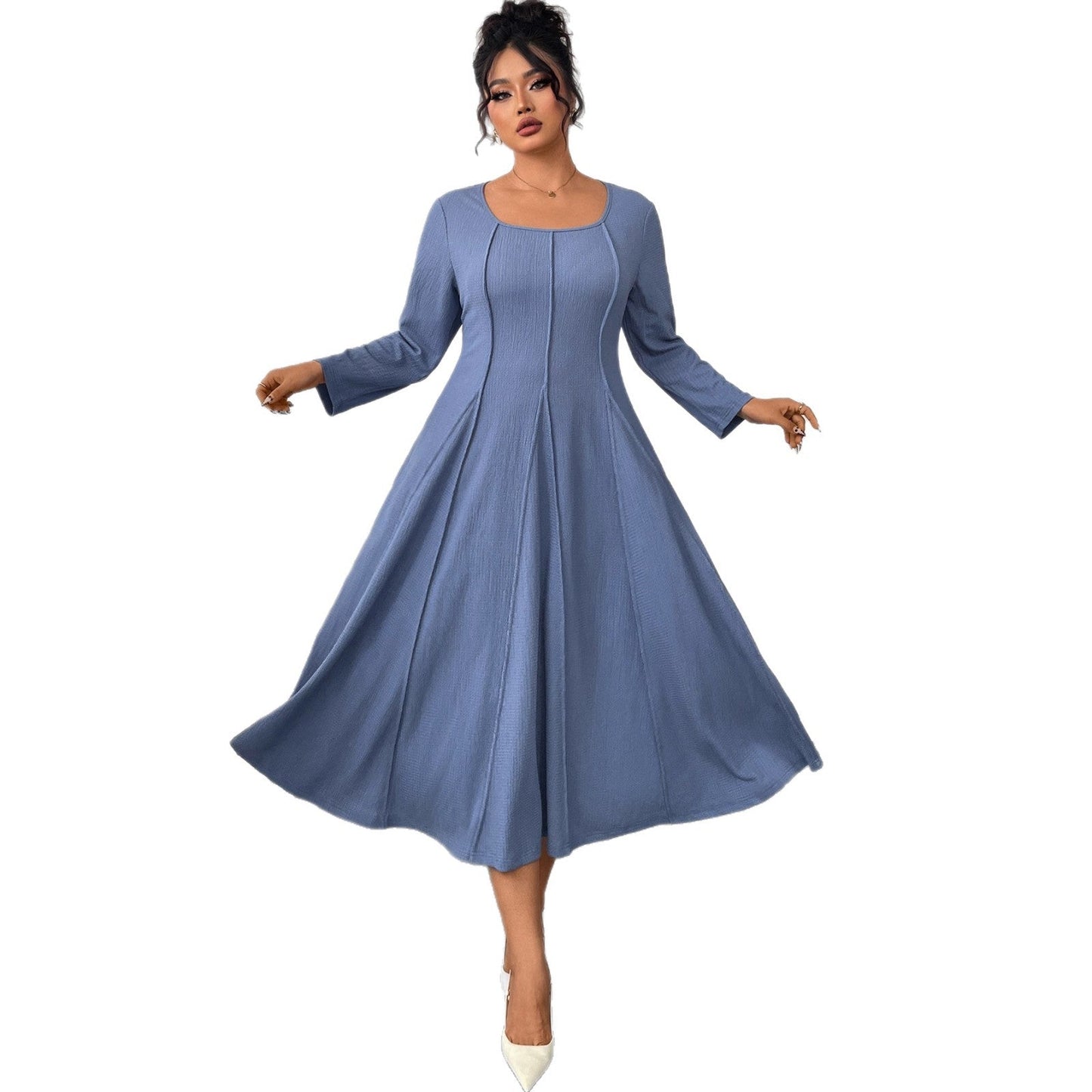 Plus Size Long Sleeve Printed Maxi Dress With Square Neck
