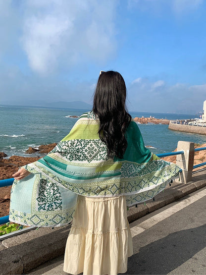 Fresh Green Ethnic Style Silk Scarf Women'S Summer Sunscreen Dual-Purpose Large Shawl Beach Towel Thin Cotton And Linen Scarf Yarn
