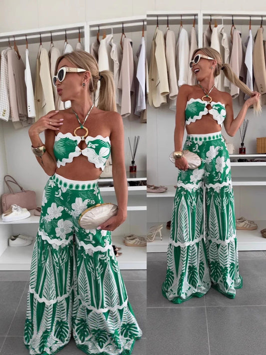 Elegant Floral Lace Beach Pants Set Linen Comfortable Casual