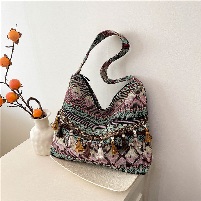 Trendy Ethnic Style Large Canvas Tote Bag with Fringe