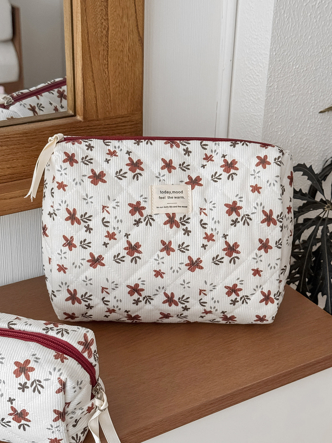 Orange Floral Corduroy Makeup Bag Spacious Outdoor Travel Toiletry Bag