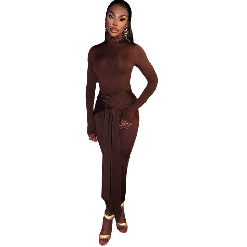 Solid Color Long Sleeve Dress With Tie Waist For Casual Style