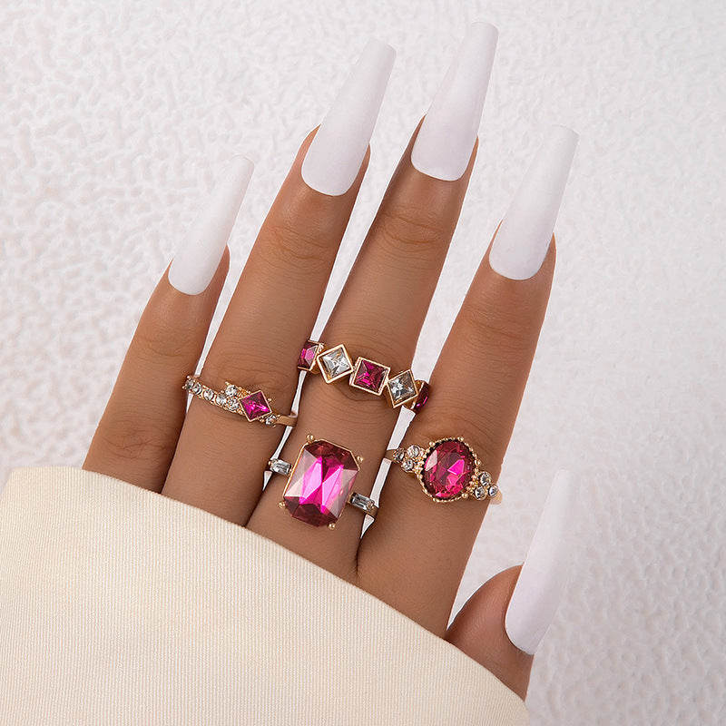 Geometric Gemstone Ring Set Fashionable Zinc Alloy Stackable Rings