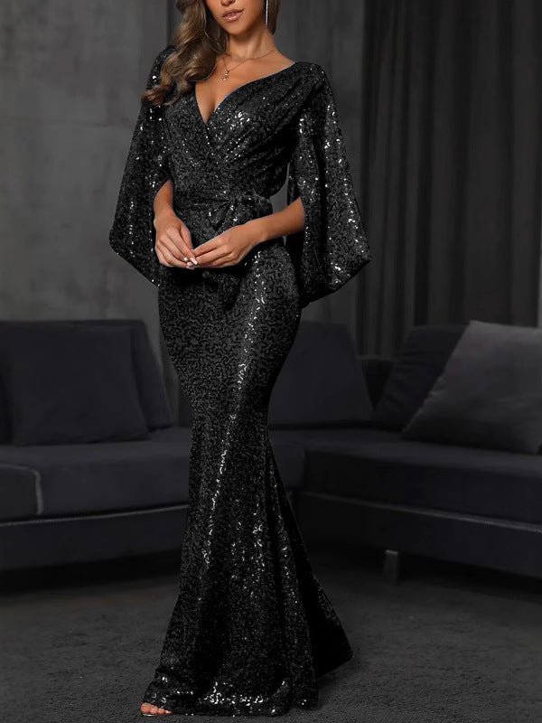 Elegant V-Neck Sequin Maxi Dress With High Split