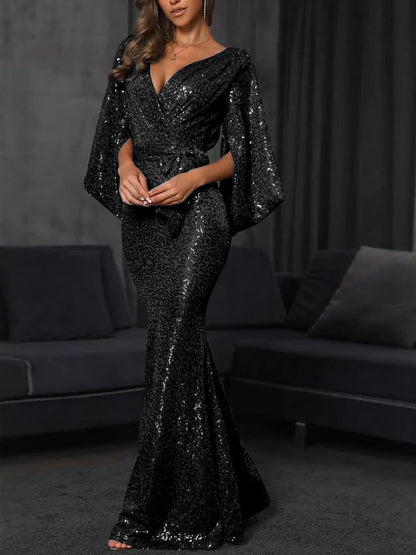 Elegant V-Neck Sequin Maxi Dress With High Split