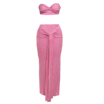 Sexy Lace Strapless Top And High-Waisted Maxi Skirt Set