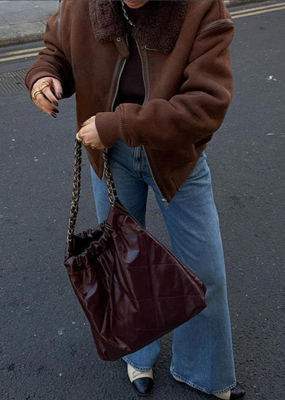 Faux Suede Aviator Style Shearling Jacket Brown