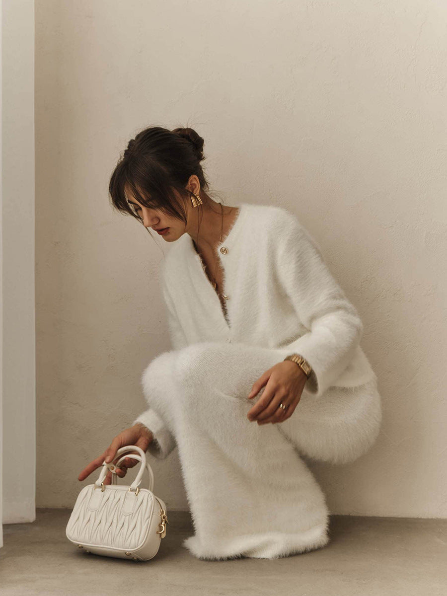 Elegant Cardigan And Midi Skirt Set In White