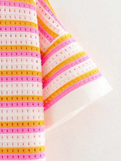 Striped Color Block Lapel Knit Sets
