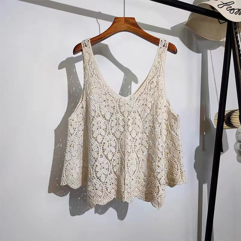 Crochet Hollow Knit Vest with Leaf Texture
