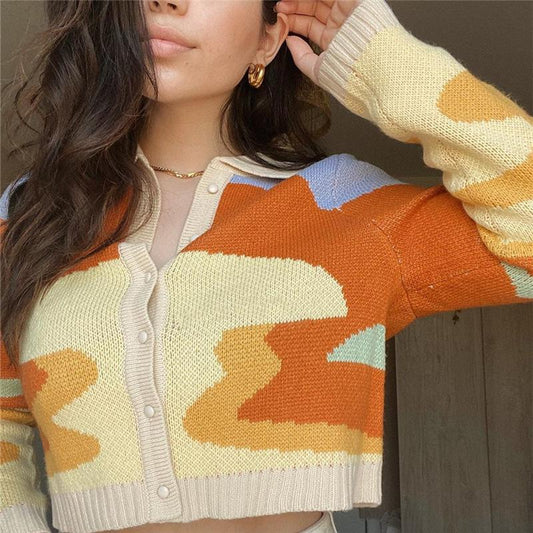 Short Knit Sweater Women Polo Collar Loose Coat Cardigan Top