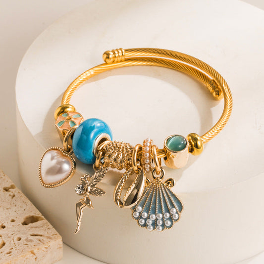 Gold Adjustable Pearl Shell Heart Bracelet For Women
