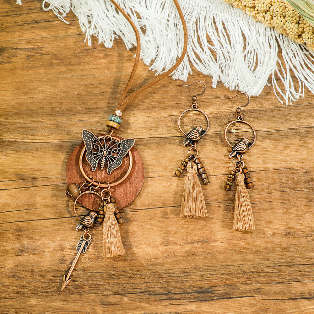 Bohemian Dreamcatcher Tassel Earrings and Wooden Necklace Set