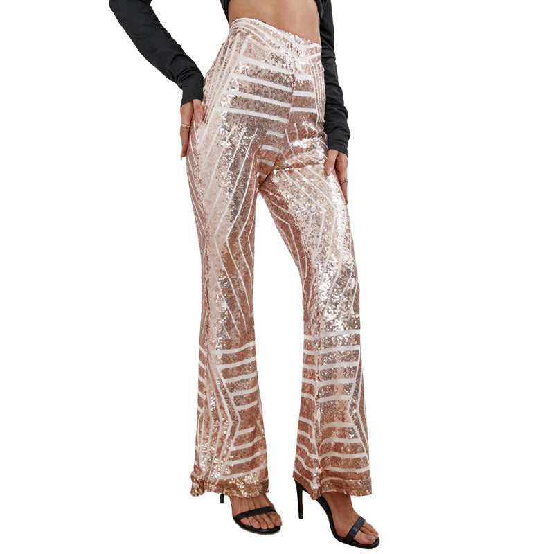 Sequins High Waist Flared Pants Slim Wide Leg Pants Women'S Casual Pants